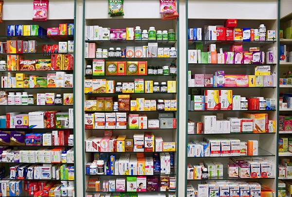 Medication on pharmacy shelves