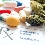 Close up of prescription pills with medical cannabis and prescription paper